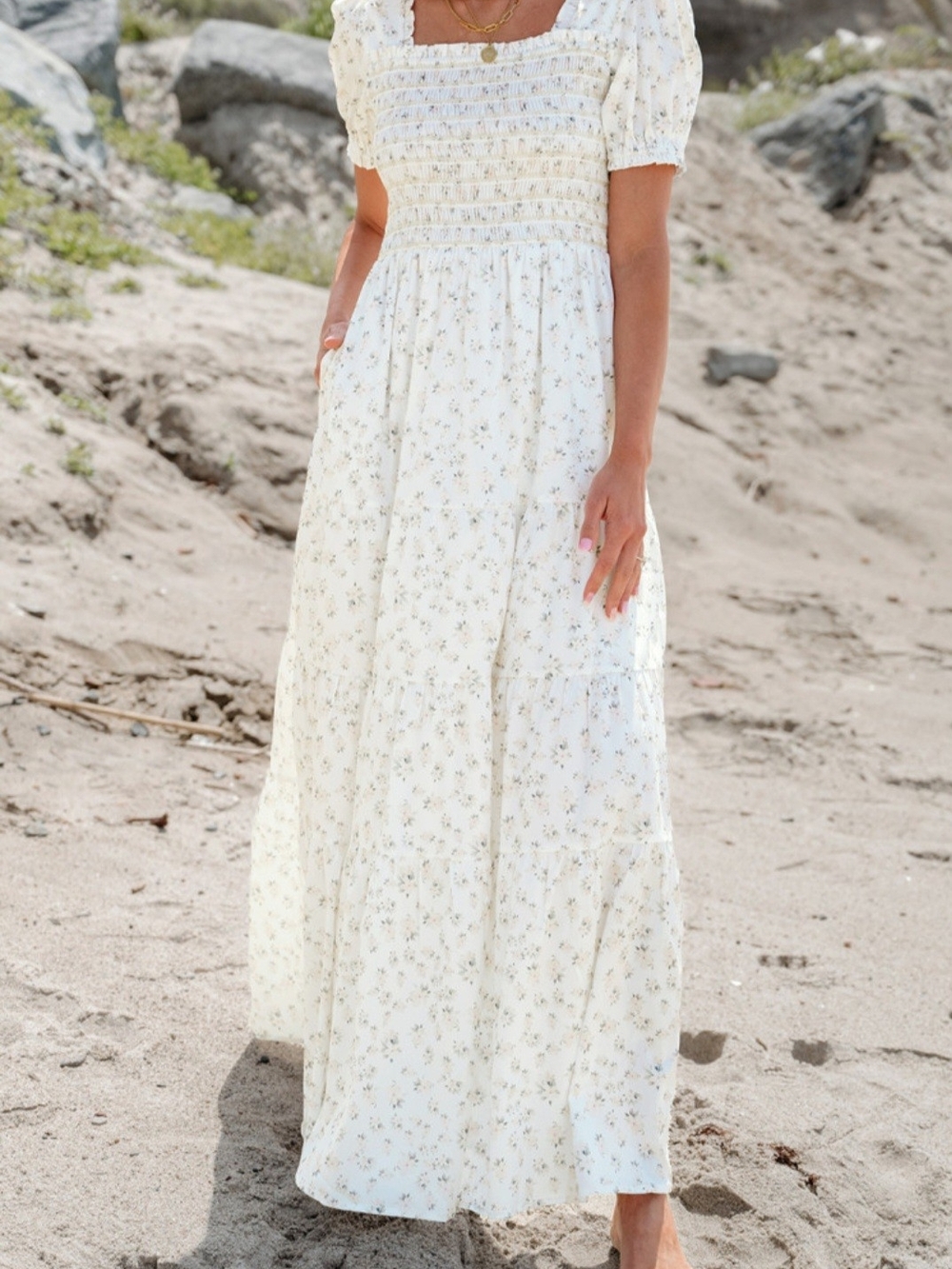 Smocked Square-Neck Floral Maxi Dress - White